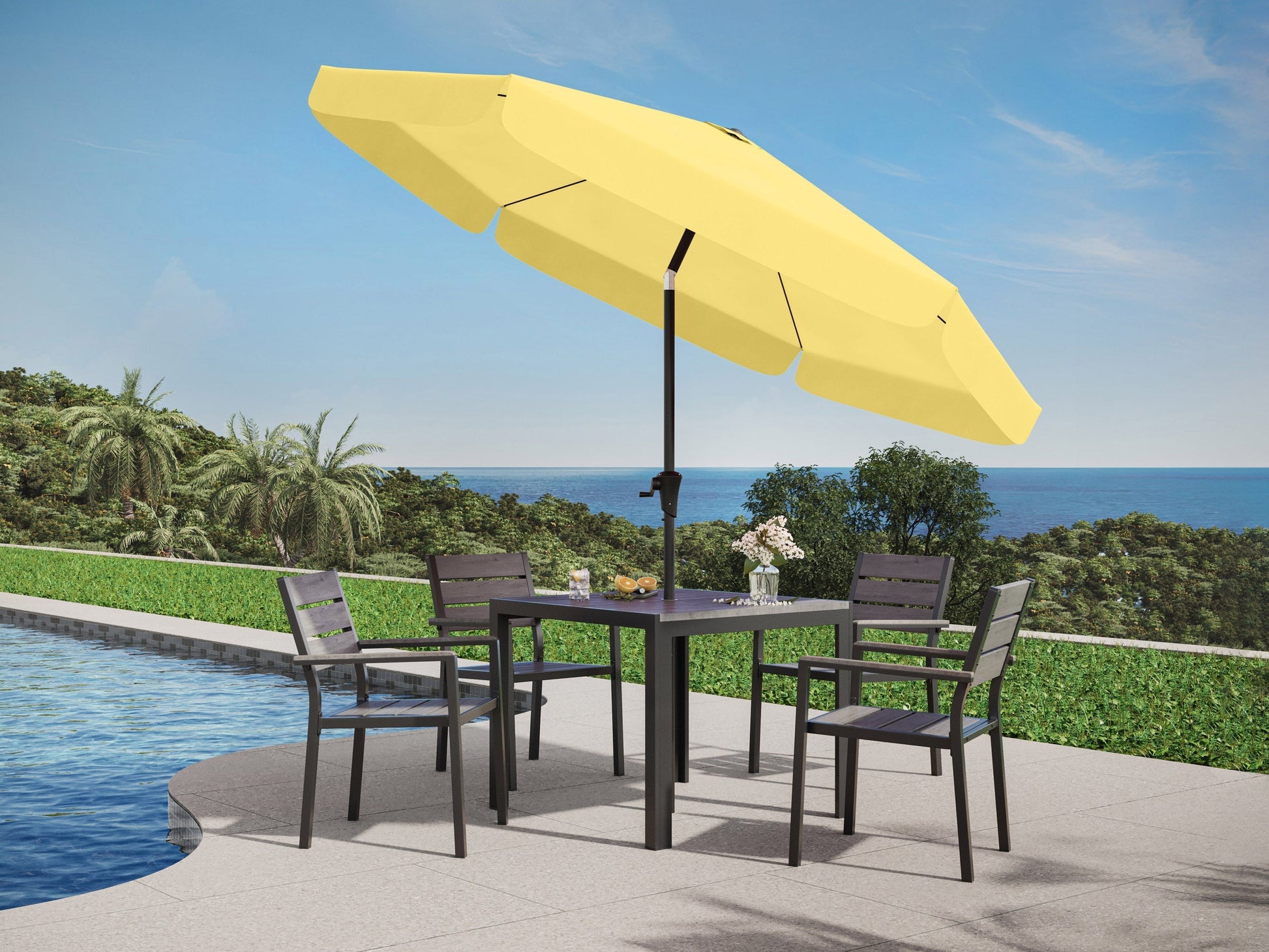 Yellow 10ft patio umbrella with round tilting canopy and sturdy metal pole for outdoor shade.