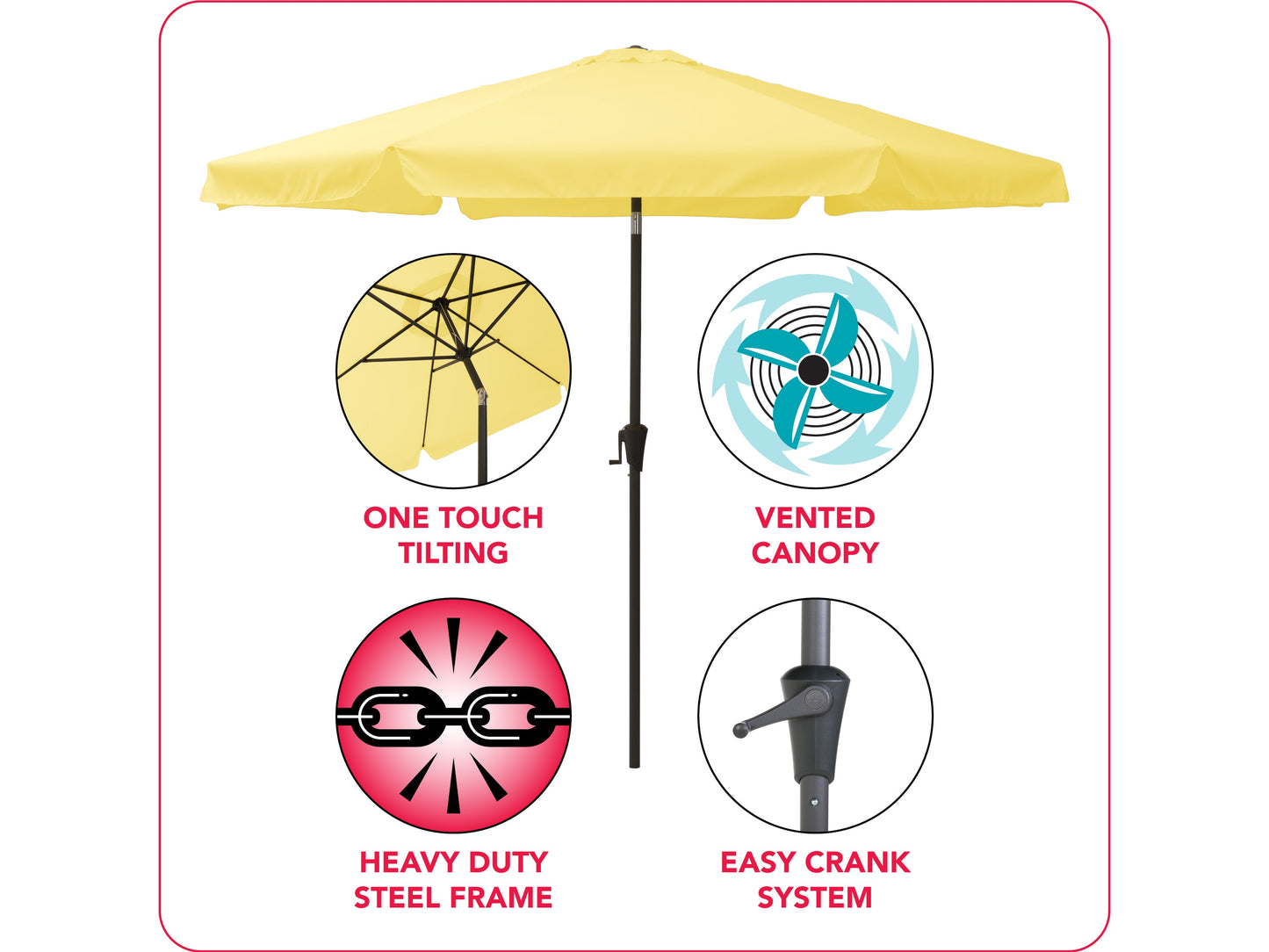 Yellow 10ft round tilting patio umbrella with UV protection, sturdy aluminum frame, and easy crank lift system.