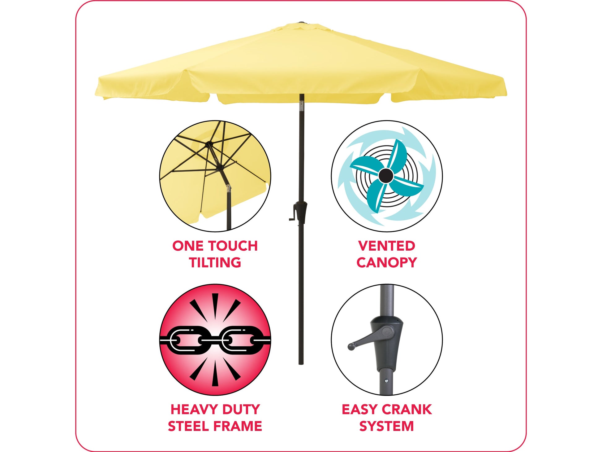Yellow 10ft round tilting patio umbrella with UV protection, sturdy aluminum frame, and easy crank lift system.
