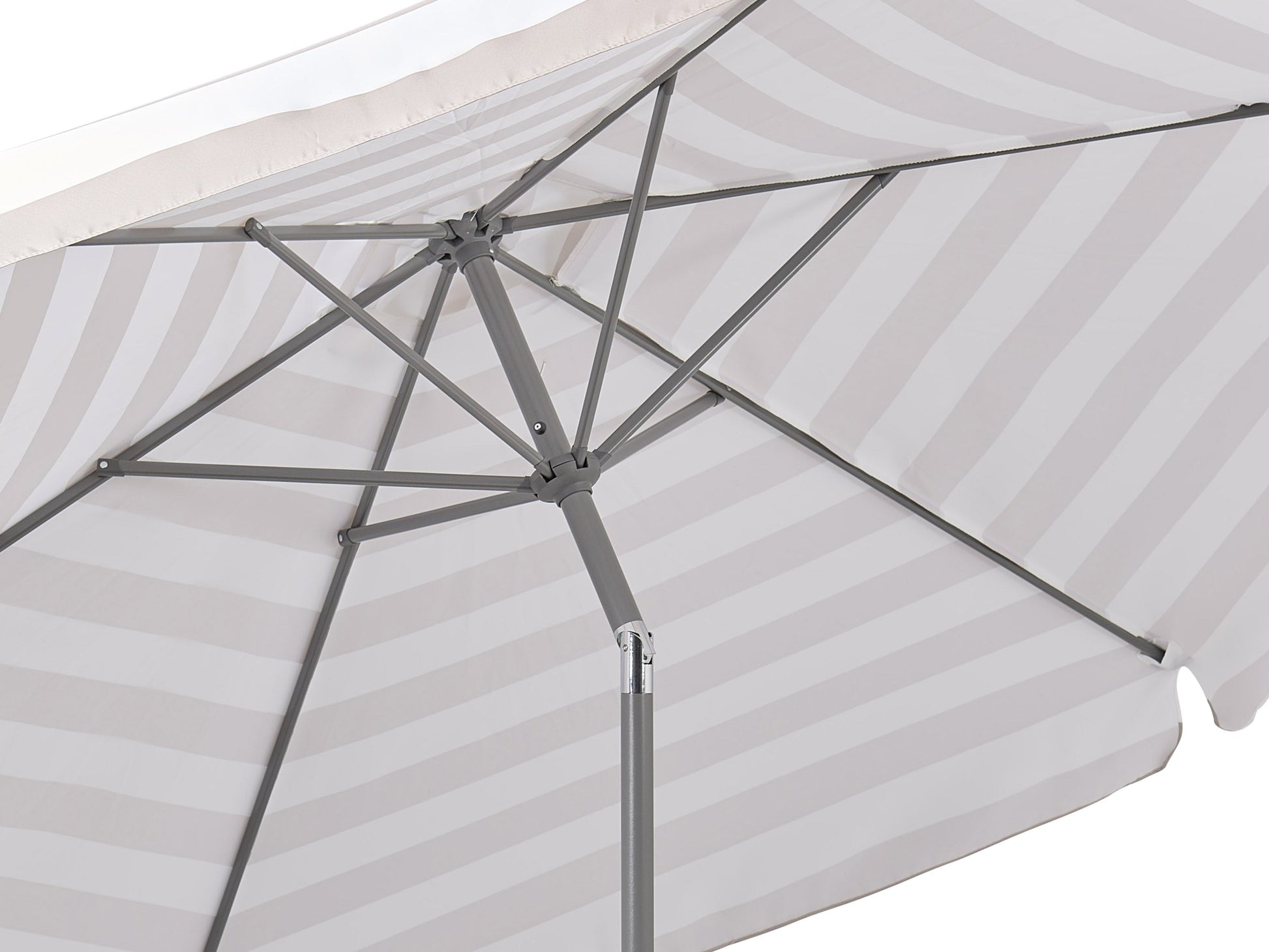 10ft taupe and white patio umbrella, round tilting design, UV-resistant fabric, sturdy aluminum pole.