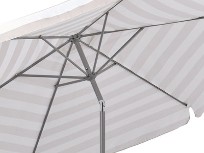 10ft taupe and white patio umbrella, round tilting design, UV-resistant fabric, sturdy aluminum pole.