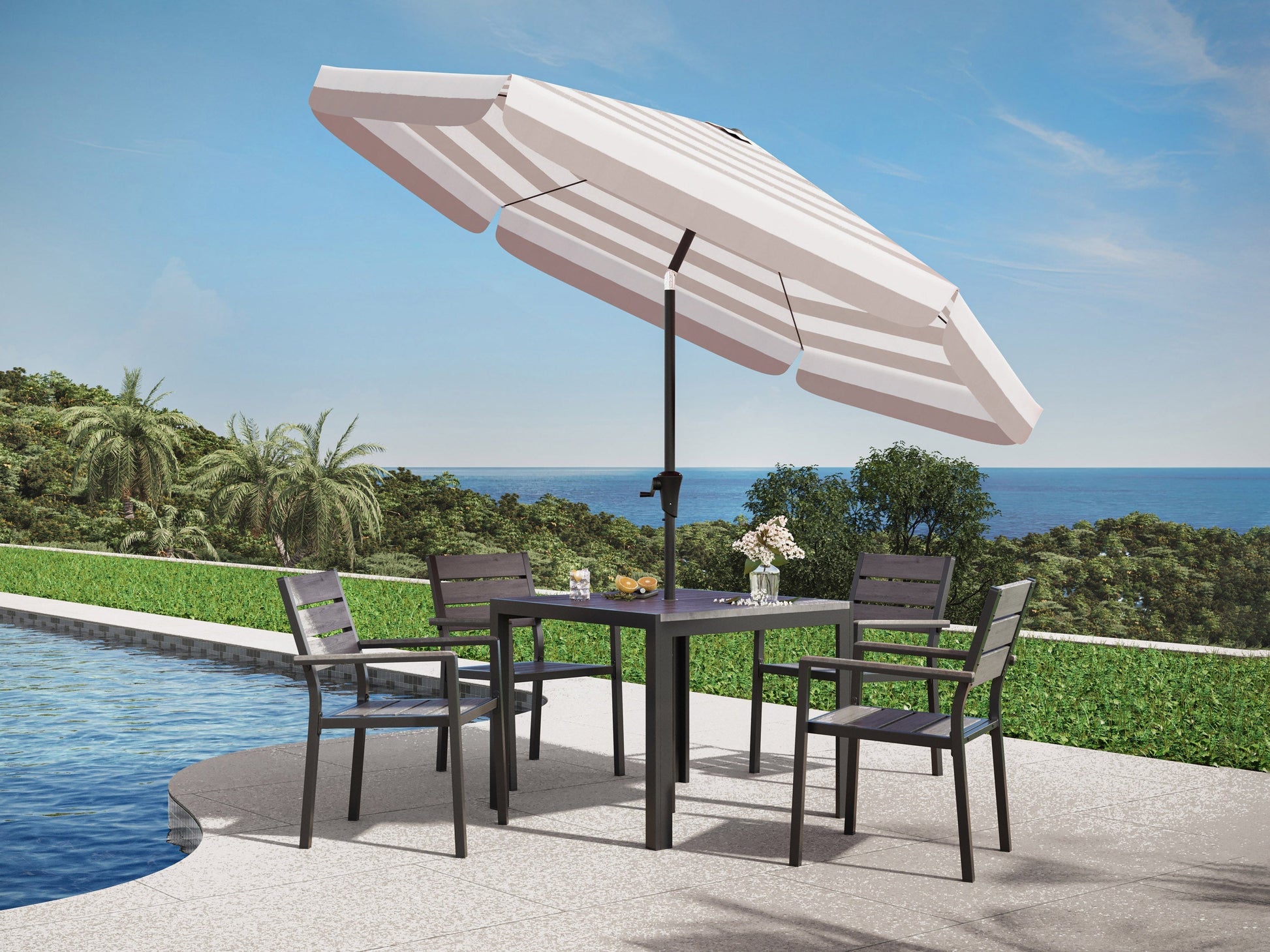 10ft round patio umbrella, taupe and white, tilting feature, UV-resistant fabric, sturdy aluminum pole