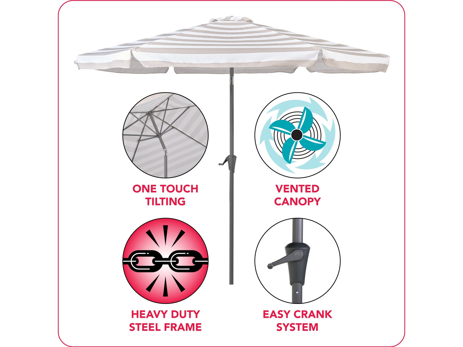 Taupe and white 10ft patio umbrella, round tilting design, durable fabric, and sturdy metal pole.