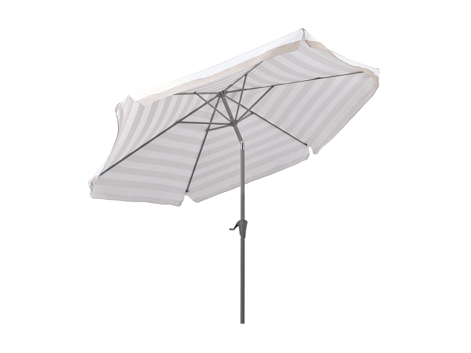 10ft patio umbrella, round tilting, taupe and white canopy, durable outdoor shade, UV protection, adjustable angle