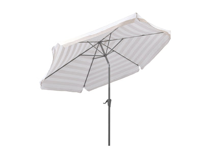 10ft patio umbrella, round tilting, taupe and white canopy, durable outdoor shade, UV protection, adjustable angle