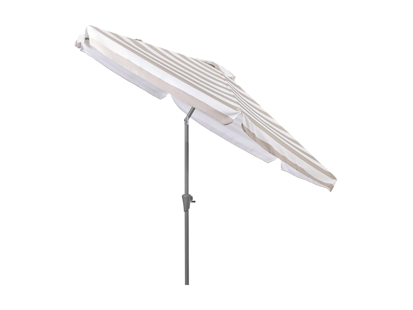 Round 10ft patio umbrella, taupe and white stripes, tilting feature, durable outdoor fabric.