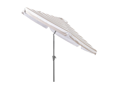 Round 10ft patio umbrella, taupe and white stripes, tilting feature, durable outdoor fabric.