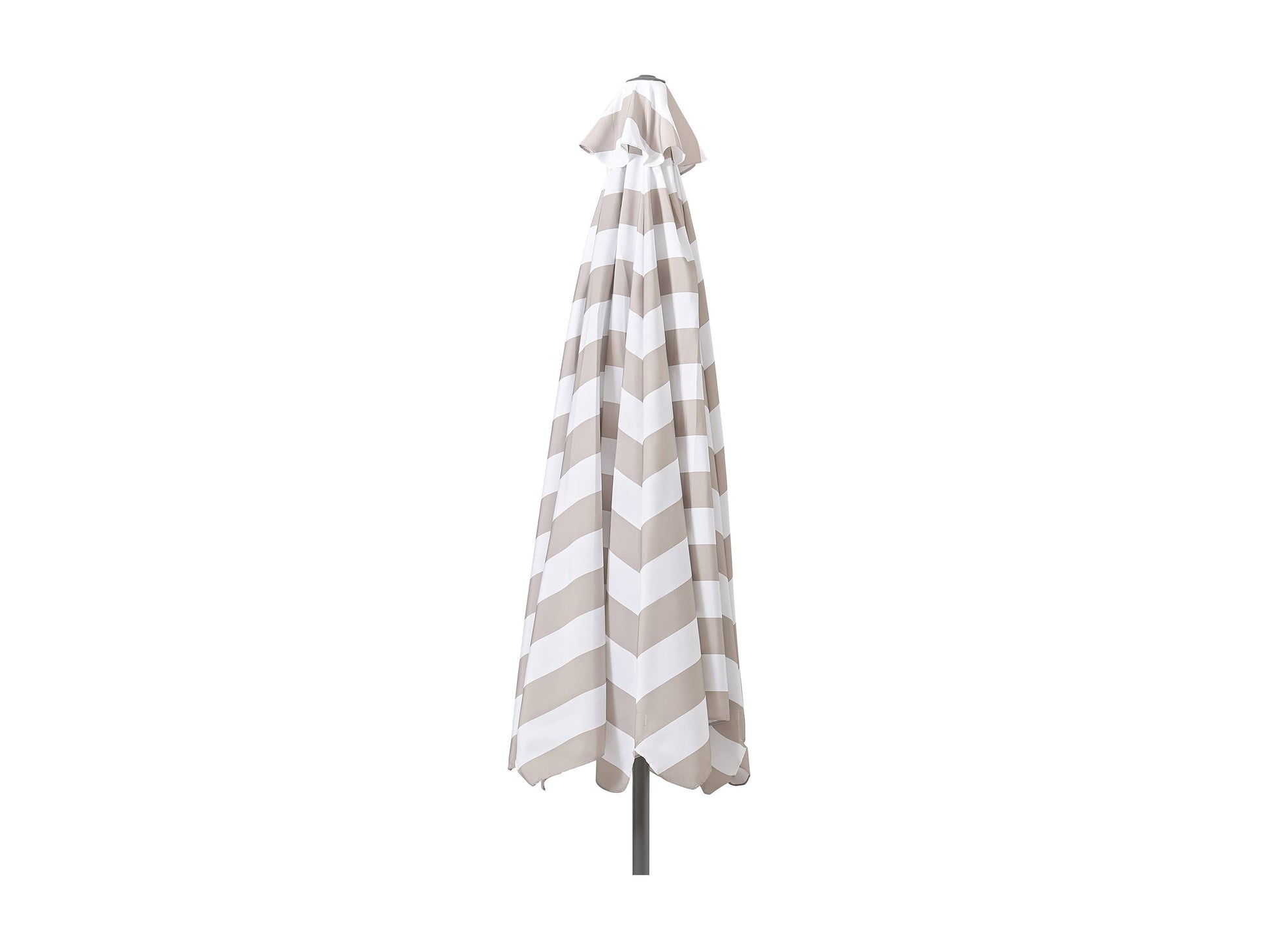 10ft round patio umbrella in taupe and white, tilting feature, UV-resistant fabric, and sturdy aluminum pole.