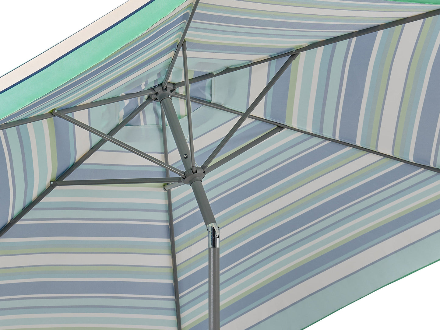 Green and white 10ft patio umbrella, round tilting design, UV-resistant fabric, and sturdy aluminum pole.