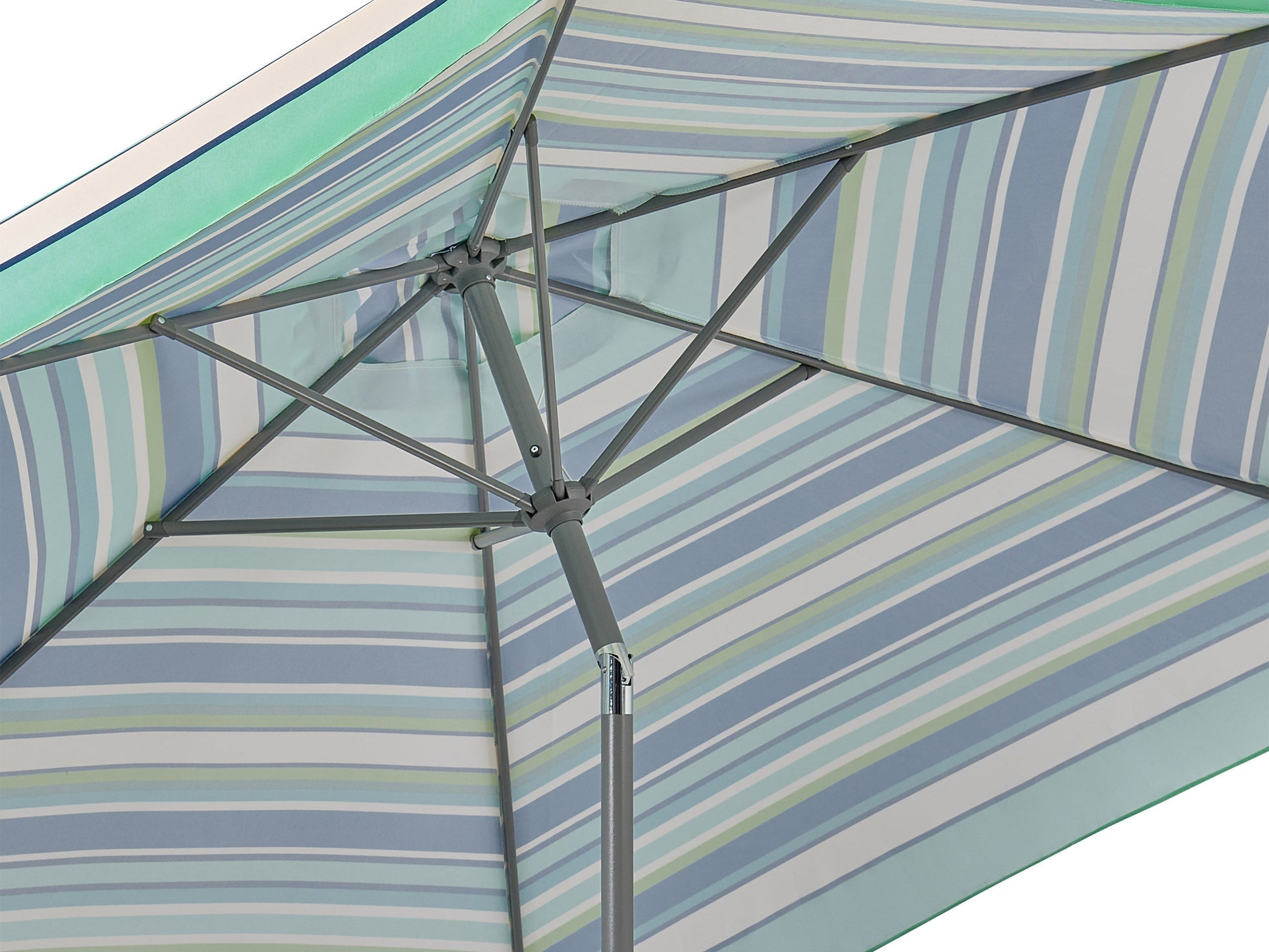 Green and white 10ft patio umbrella, round tilting design, UV-resistant fabric, and sturdy aluminum pole.