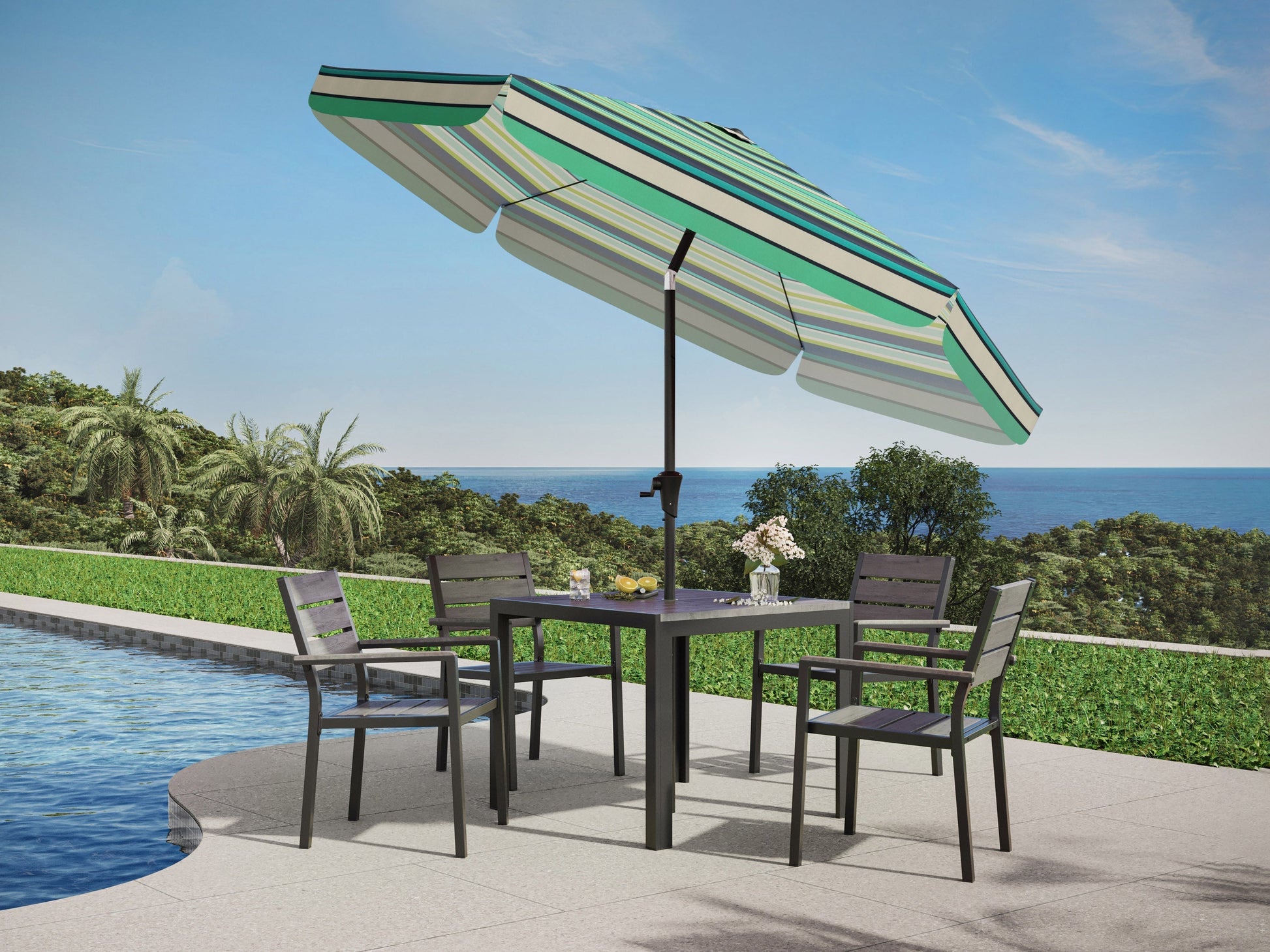 Green and white 10ft patio umbrella with tilting feature, round canopy, and sturdy base for outdoor shade.