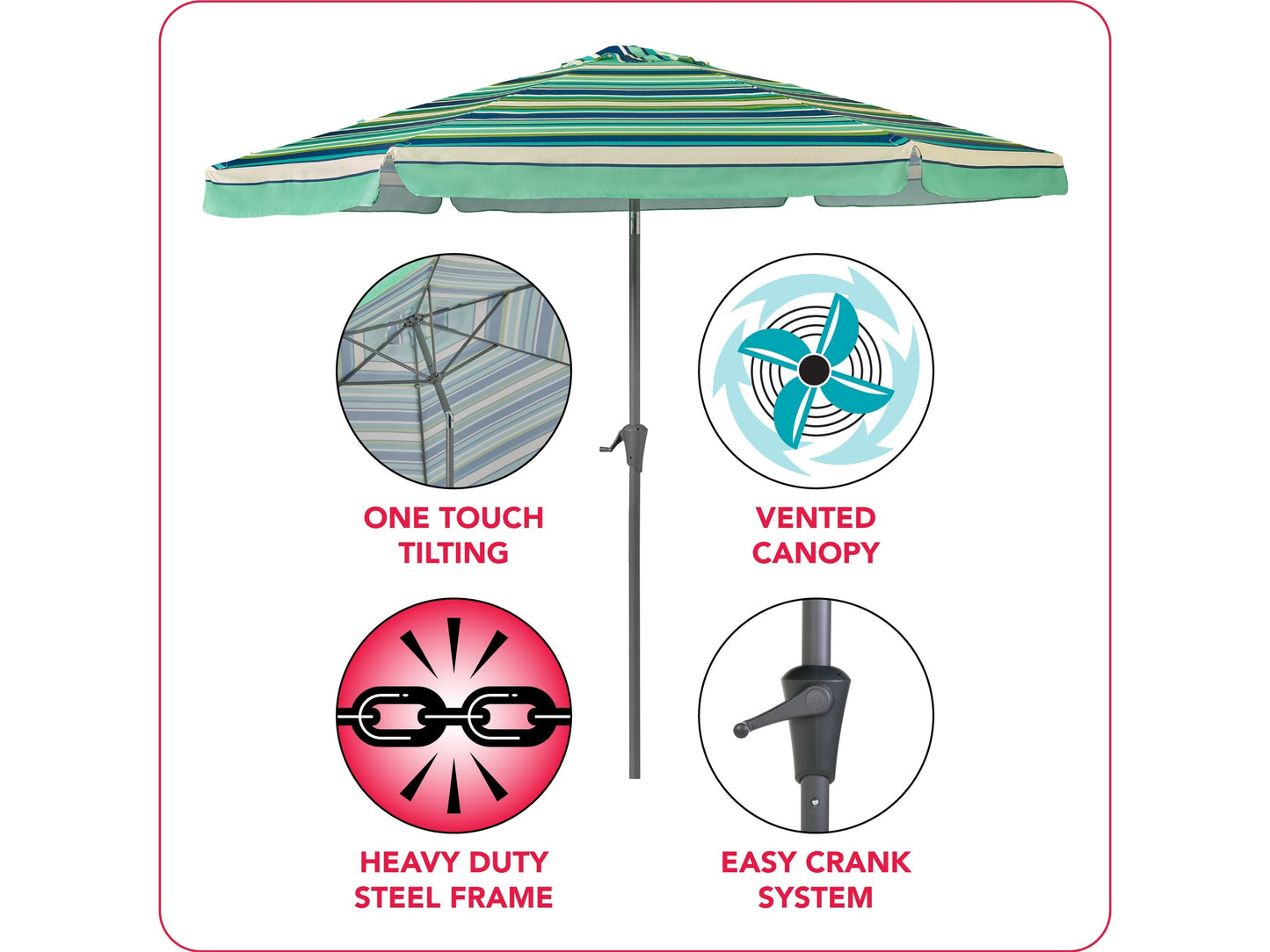Green and white 10ft patio umbrella with tilting feature, round canopy, and sturdy pole for outdoor shade.