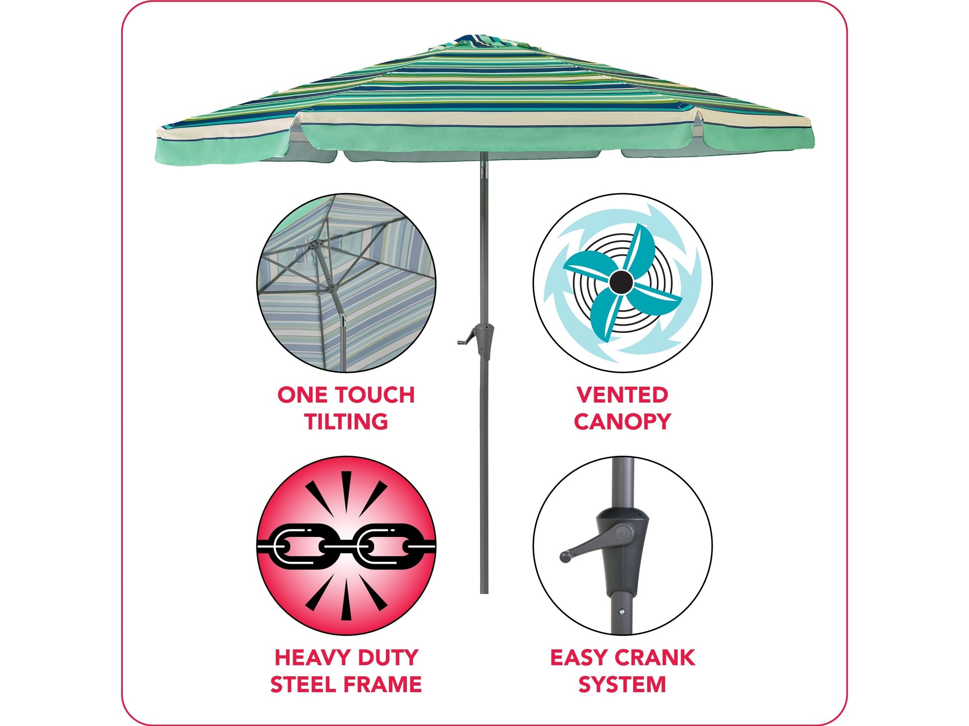Green and white 10ft patio umbrella with tilting feature, round canopy, and sturdy pole for outdoor shade.
