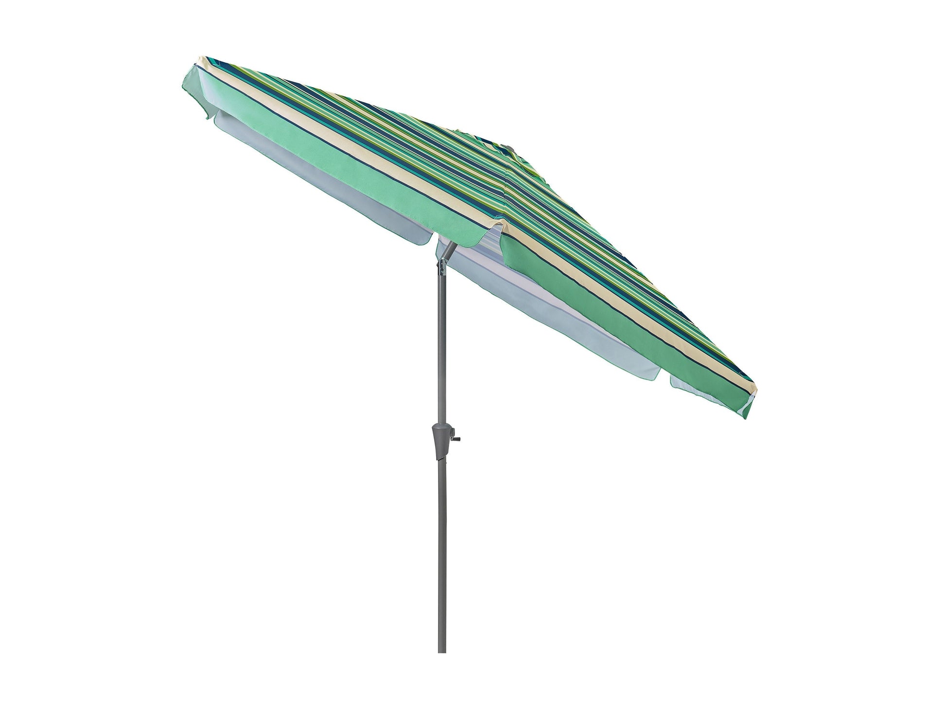Green and white 10ft patio umbrella, round tilting design, UV-resistant fabric, sturdy aluminum pole.