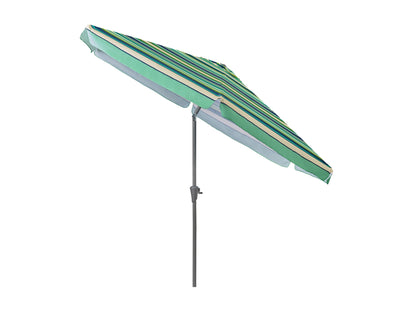Green and white 10ft patio umbrella, round tilting design, UV-resistant fabric, sturdy aluminum pole.