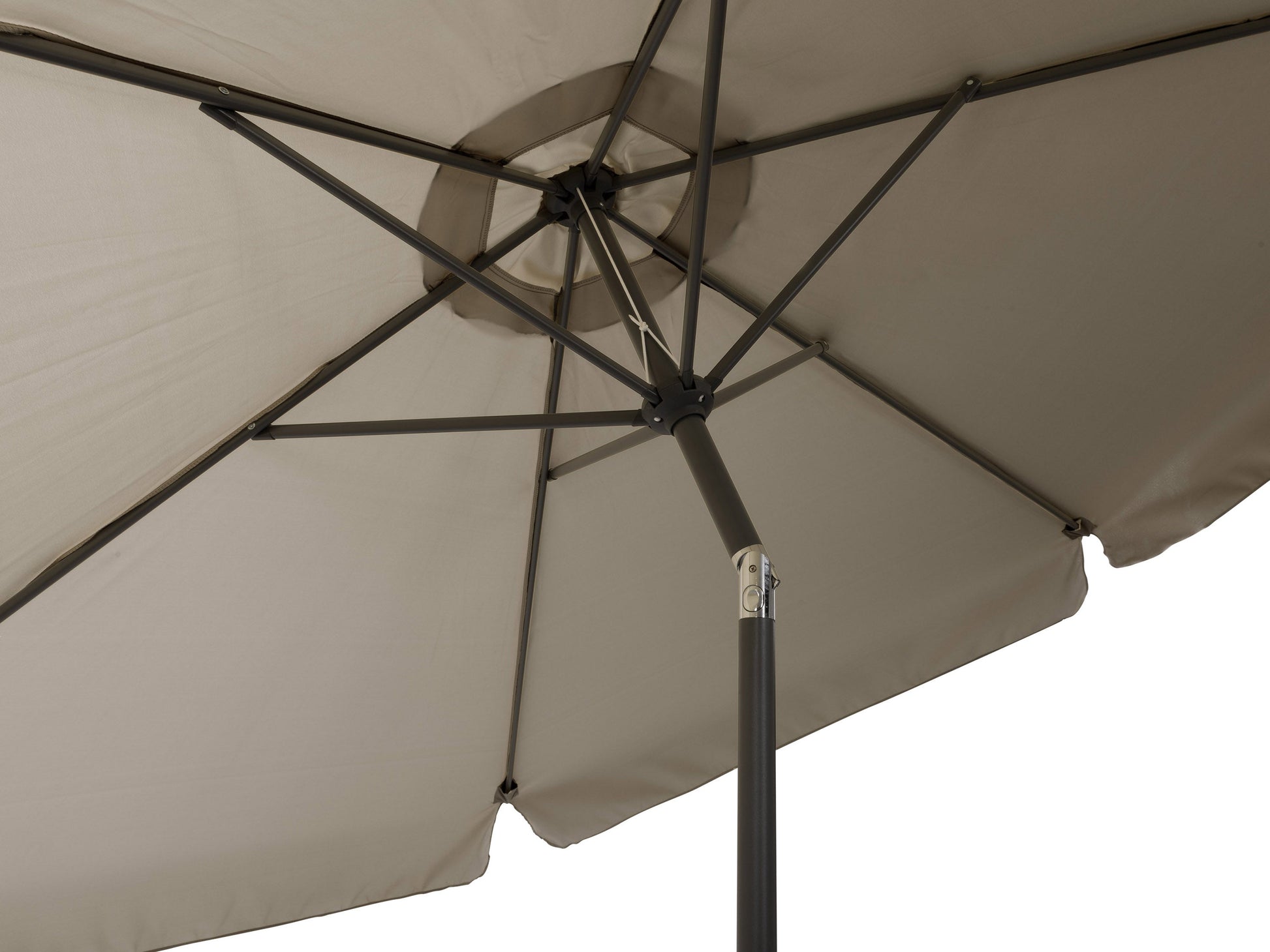 Grey 10ft patio umbrella with tilting feature, round canopy, and durable aluminum pole, perfect for outdoor shade.