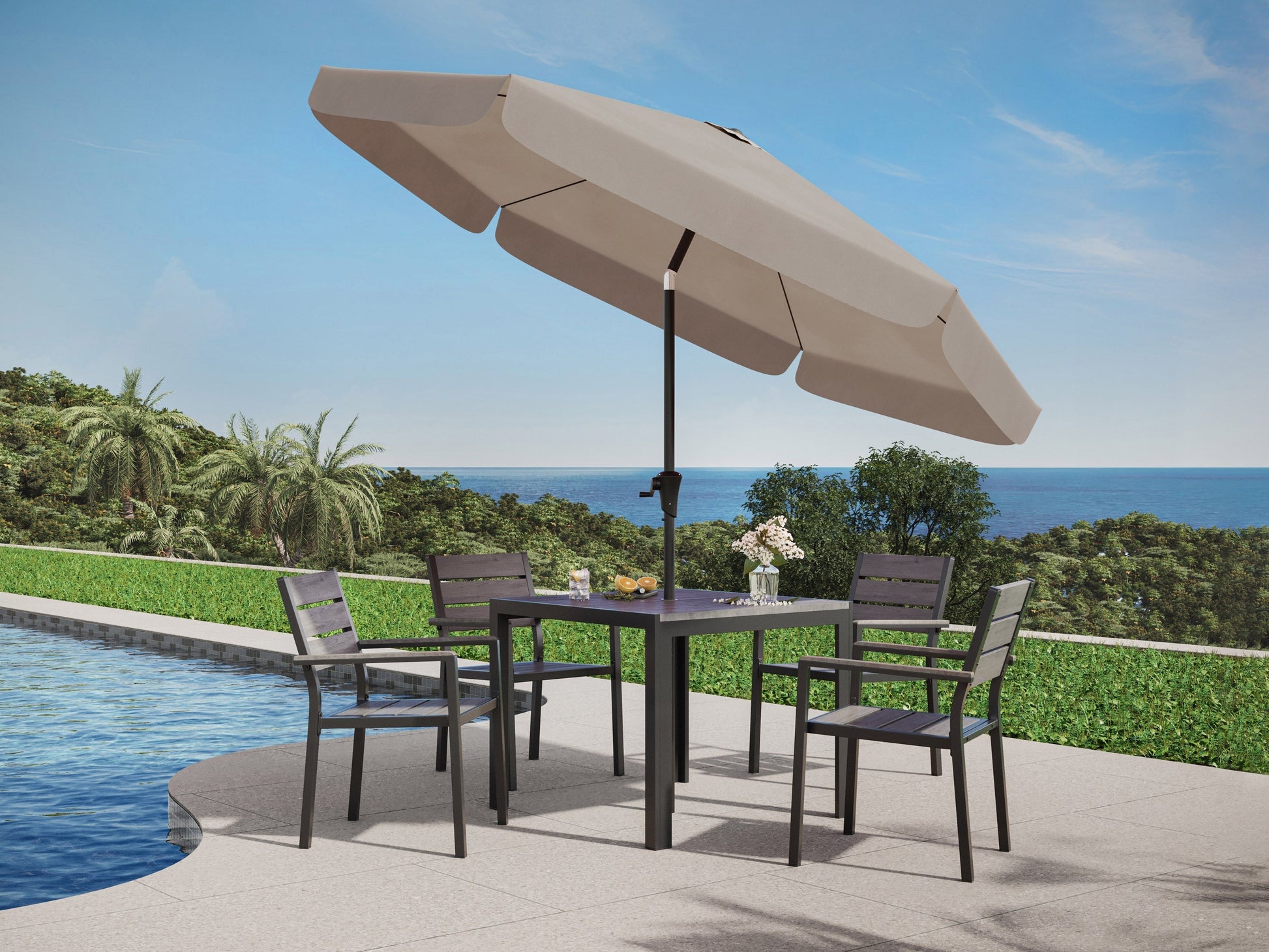 Grey 10ft round patio umbrella with tilting feature, durable fabric, and sturdy metal pole for outdoor shade.