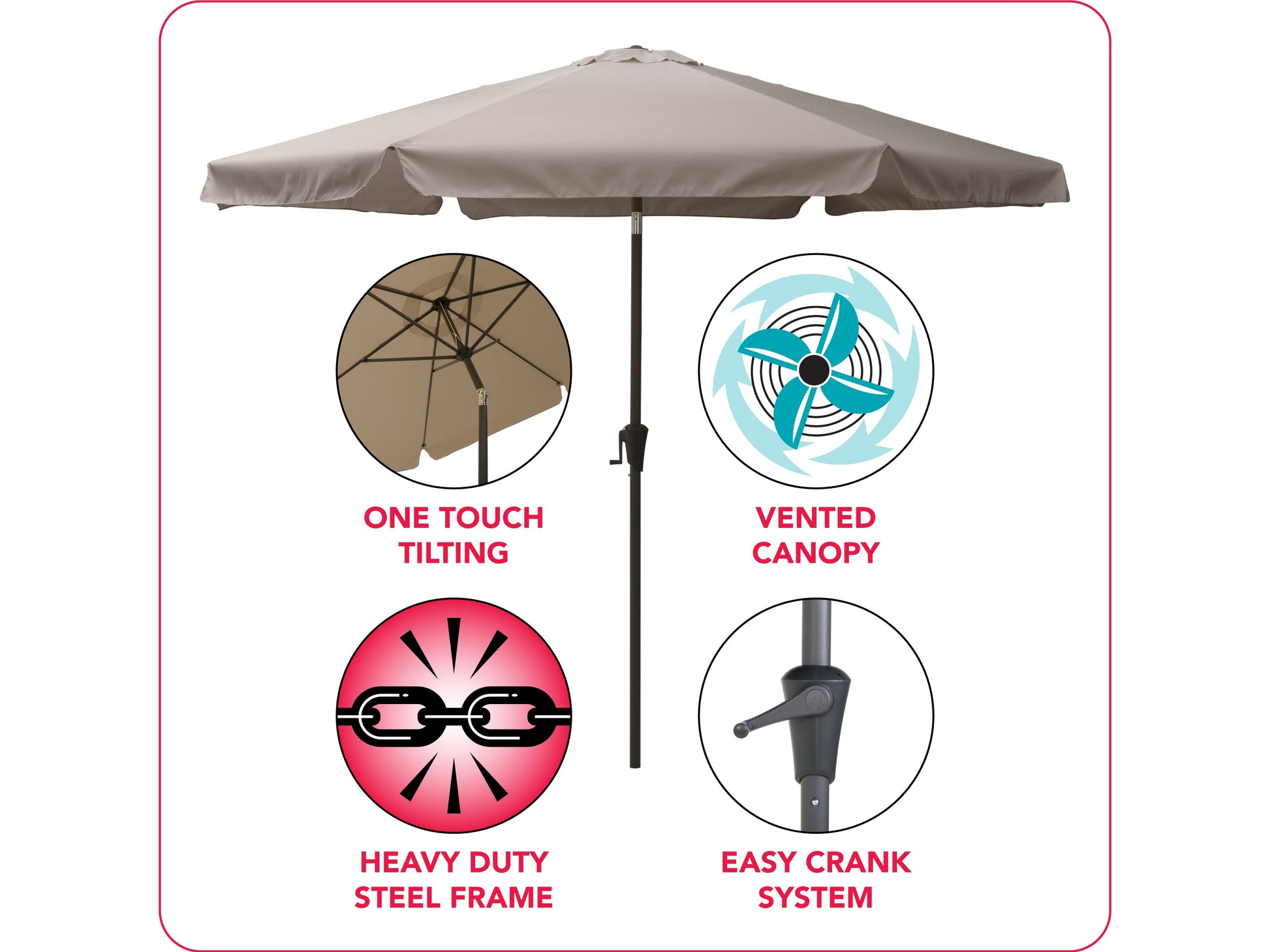 Grey 10ft round patio umbrella with tilting feature, sturdy aluminum pole, and UV-resistant fabric for outdoor use.
