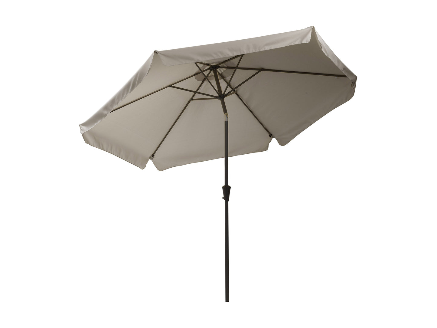 Grey 10ft round patio umbrella with tilting feature, UV-resistant fabric, and sturdy metal frame for outdoor use.