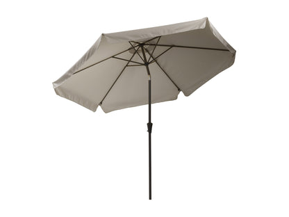 Grey 10ft round patio umbrella with tilting feature, UV-resistant fabric, and sturdy metal frame for outdoor use.