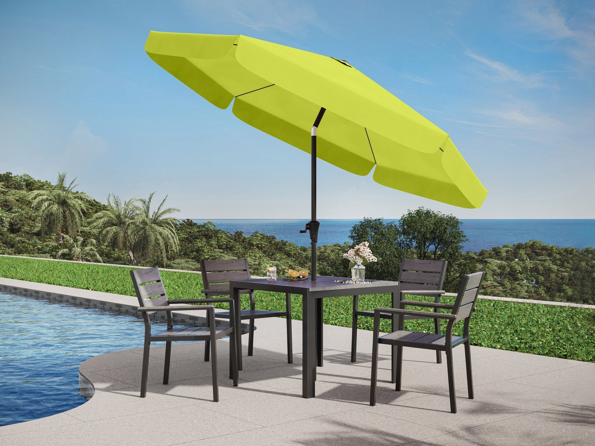 Lime green 10ft round patio umbrella with tilting feature, sturdy metal pole, and UV-resistant fabric for outdoor use.