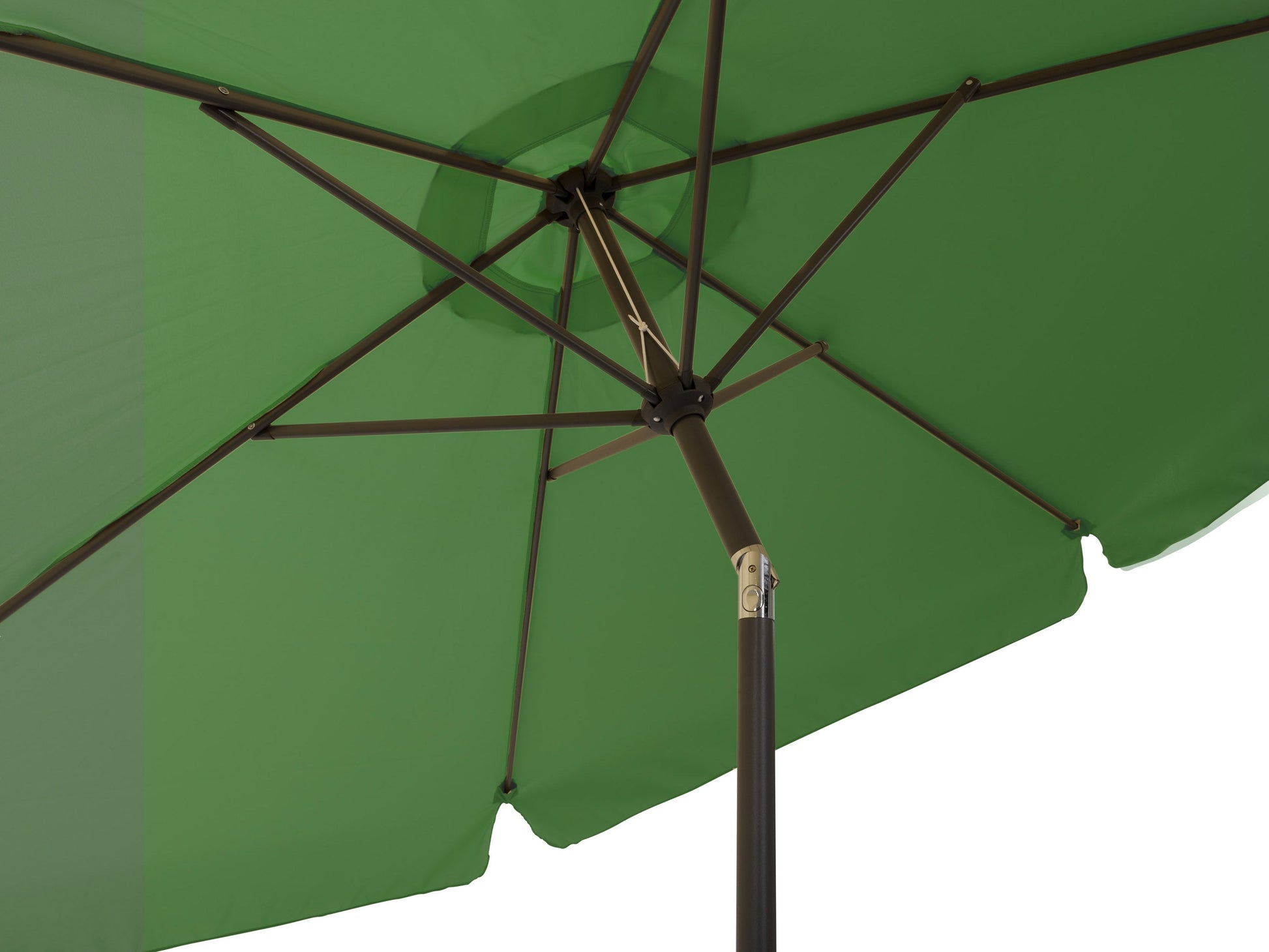 Forest green 10ft round patio umbrella with tilting feature and sturdy metal pole.