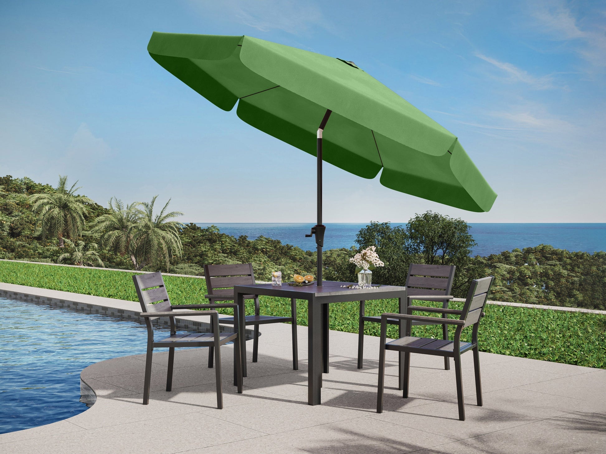 Forest green 10ft round patio umbrella with tilting feature, UV-resistant fabric, and sturdy metal frame.