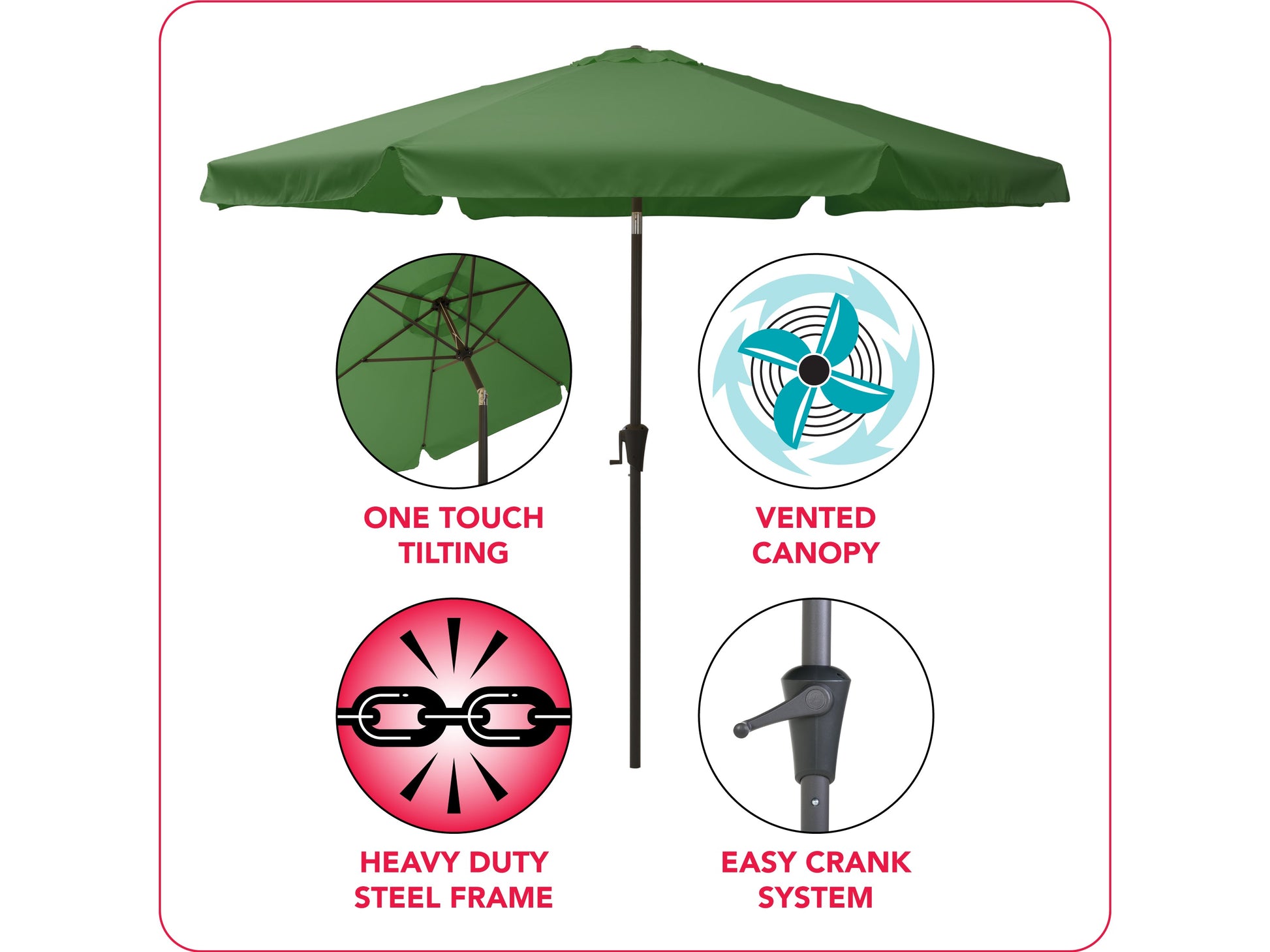 Round 10ft forest green patio umbrella with tilting feature and durable fabric canopy.