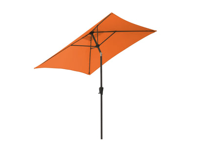 Orange 9ft square patio umbrella with tilting feature, UV-resistant fabric, and sturdy aluminum frame for outdoor use.