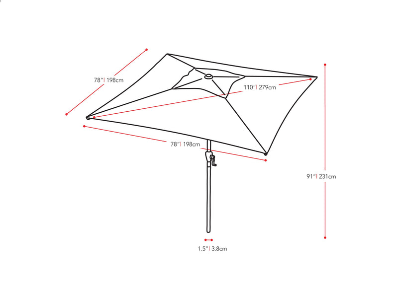 brown square patio umbrella, tilting 300 Series measurements diagram CorLiving