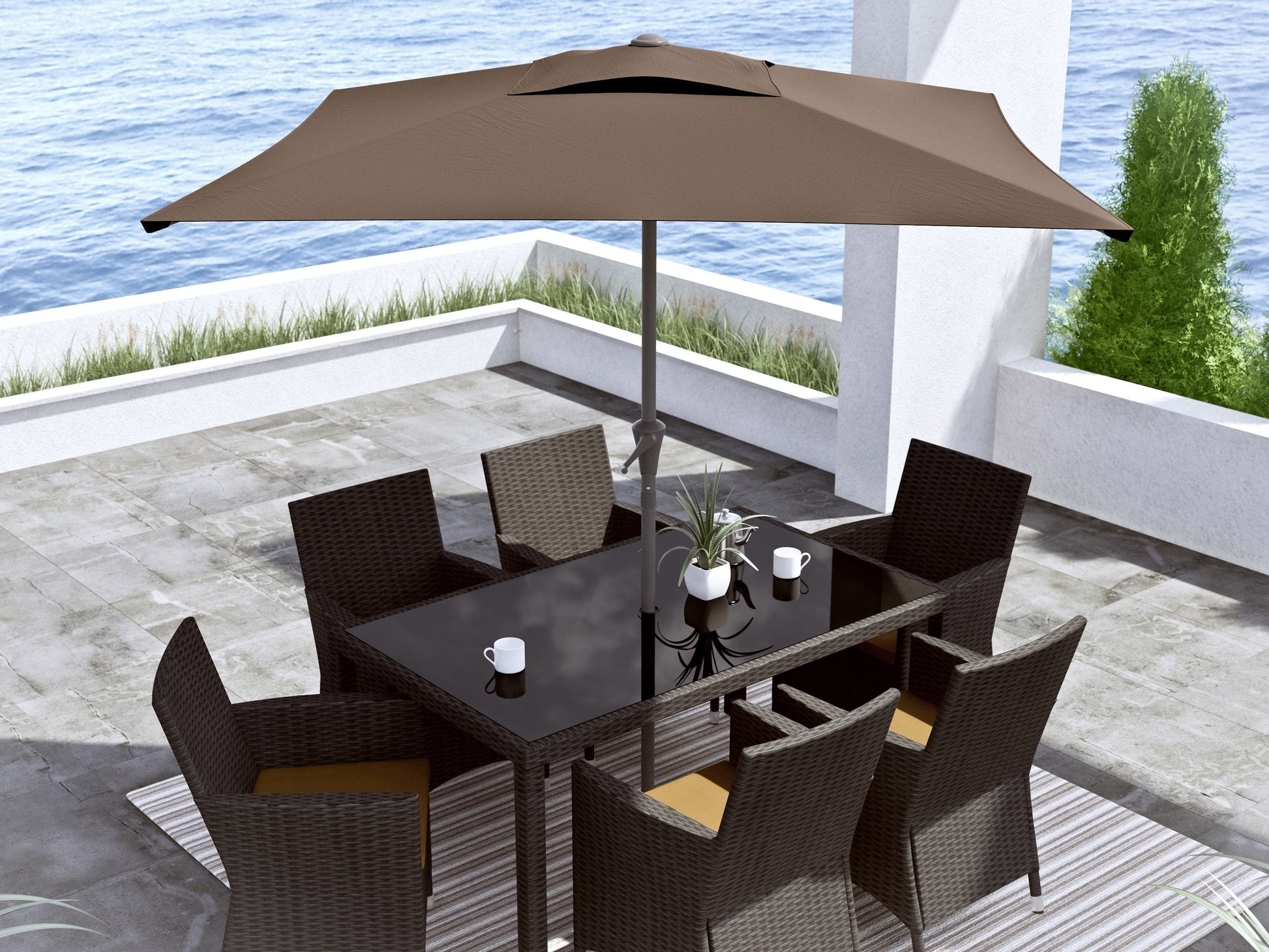 Brown 9ft square patio umbrella with tilting feature, durable fabric, and sturdy aluminum frame for outdoor use.