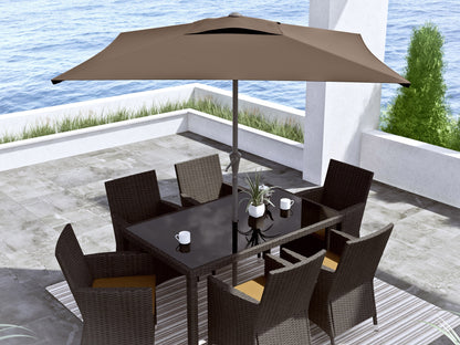 Brown 9ft square patio umbrella with tilting feature, durable fabric, and sturdy aluminum frame for outdoor use.