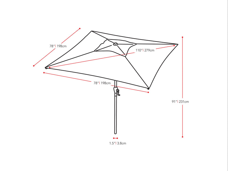 grey square patio umbrella, tilting 300 Series measurements diagram CorLiving