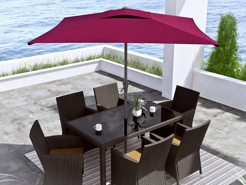 wine red square patio umbrella, tilting 300 Series lifestyle scene CorLiving