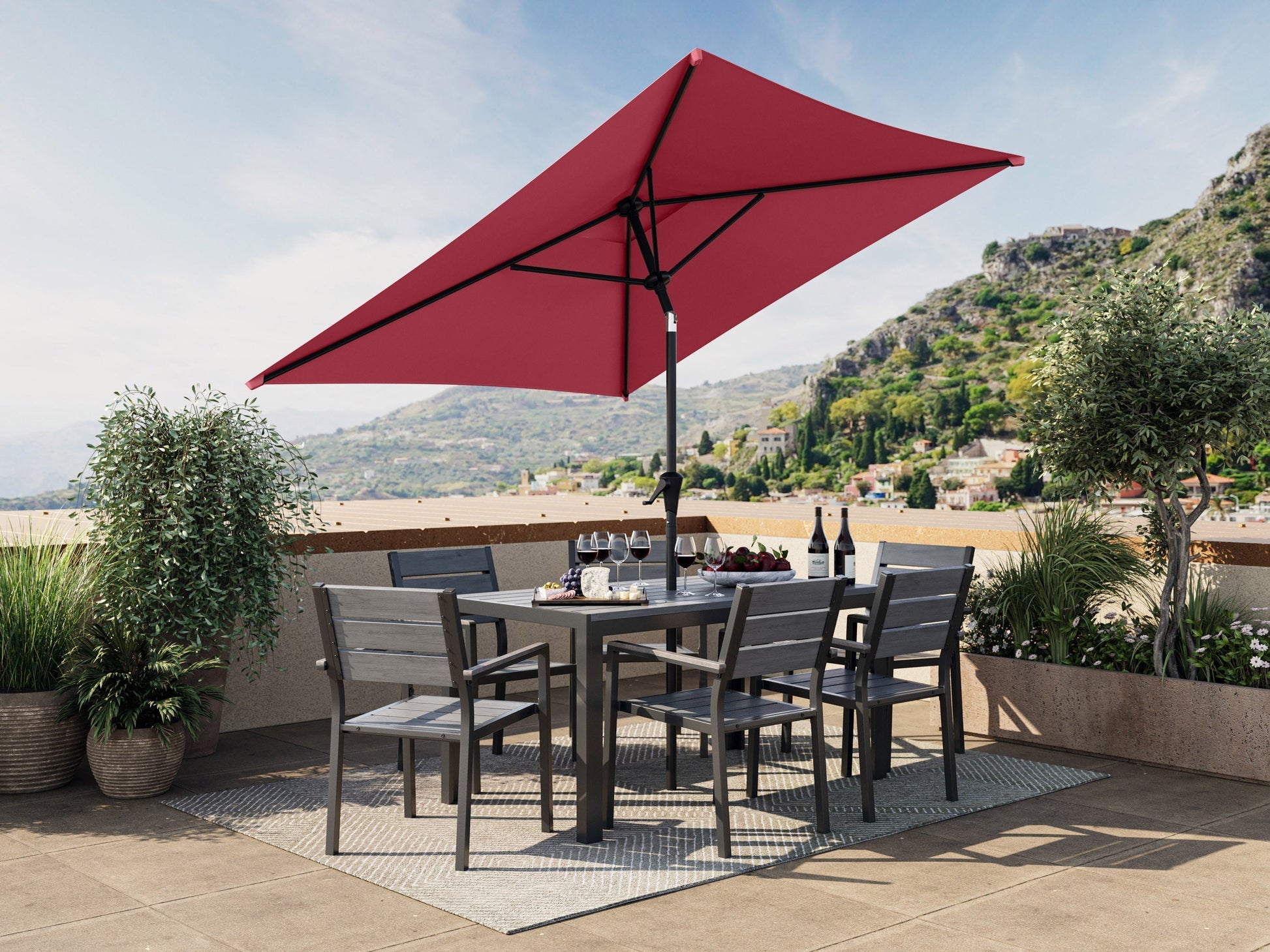corliving tilting patio umbrella 9ft Black Square The durable steel frame and UV CorLiving Crimson Red Fabric 11.5ft