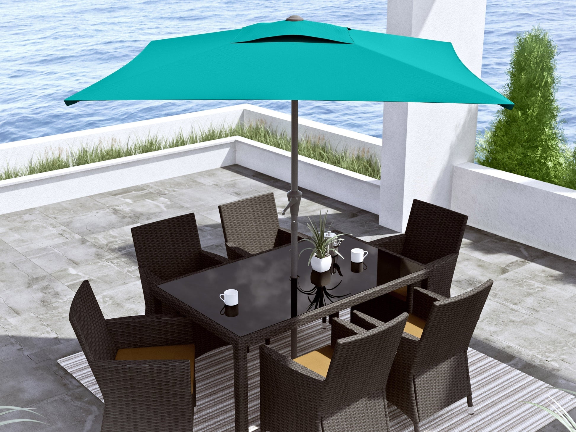 Turquoise 9ft square patio umbrella with tilting feature, durable fabric, and sturdy metal frame.