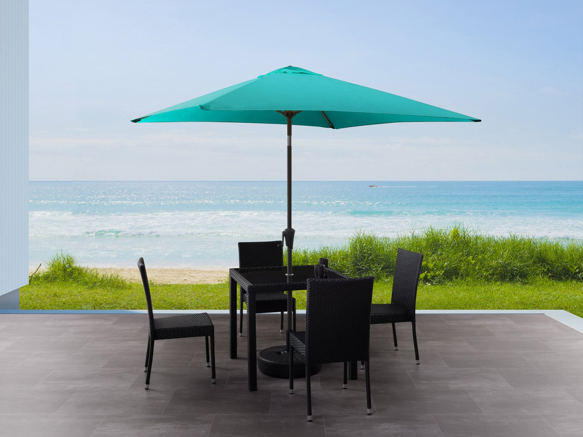 9ft turquoise square patio umbrella, tilting mechanism, UV-resistant fabric, sturdy aluminum frame.