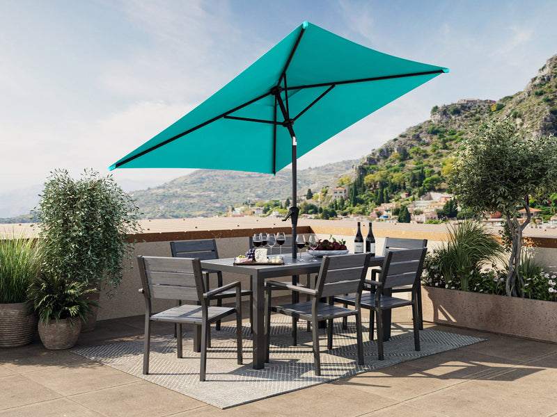 turquoise blue square patio umbrella, tilting 300 Series lifestyle scene CorLiving