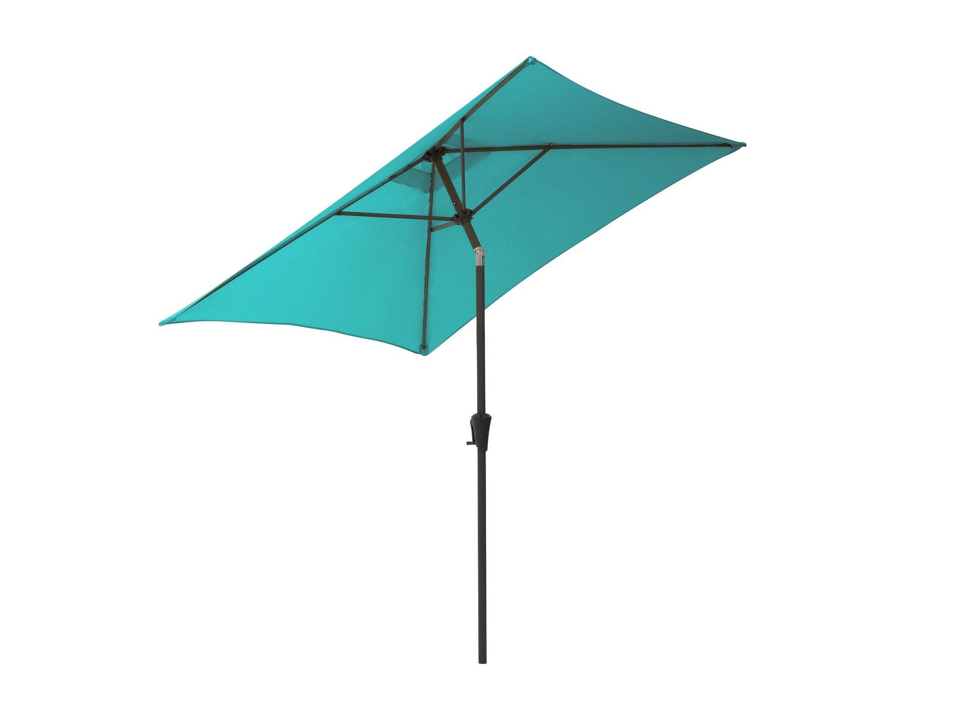 Turquoise 9ft square patio umbrella with tilting feature, UV-resistant fabric, and sturdy aluminum pole.