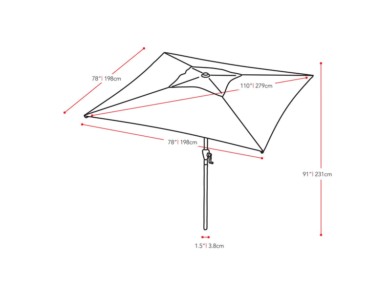 crimson red square patio umbrella, tilting 300 Series measurements diagram CorLiving