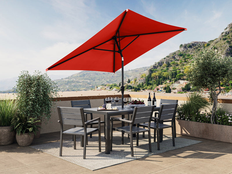 crimson red square patio umbrella, tilting 300 Series lifestyle scene CorLiving