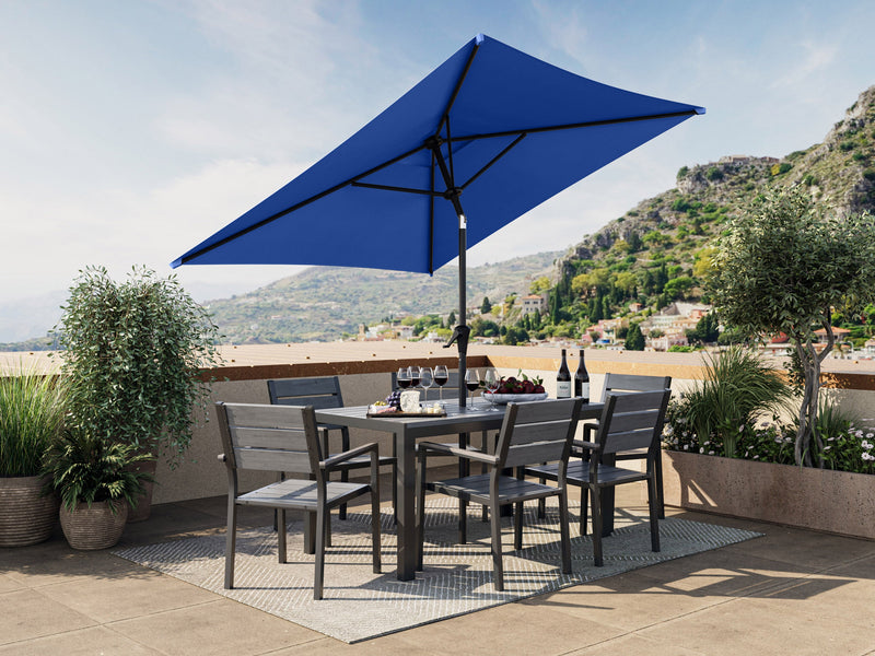 cobalt blue square patio umbrella, tilting 300 Series lifestyle scene CorLiving