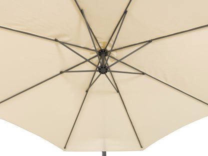 9.5ft tilting offset patio umbrella in warm white, UV-resistant fabric, with sturdy aluminum pole and adjustable canopy.