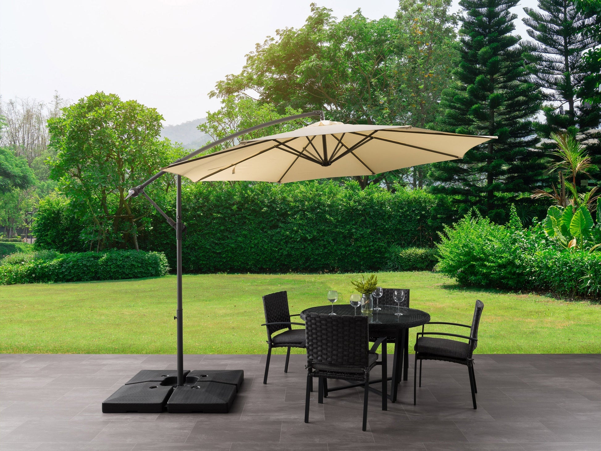 9.5ft tilting offset patio umbrella in warm white with sturdy aluminum frame and UV-resistant canopy.