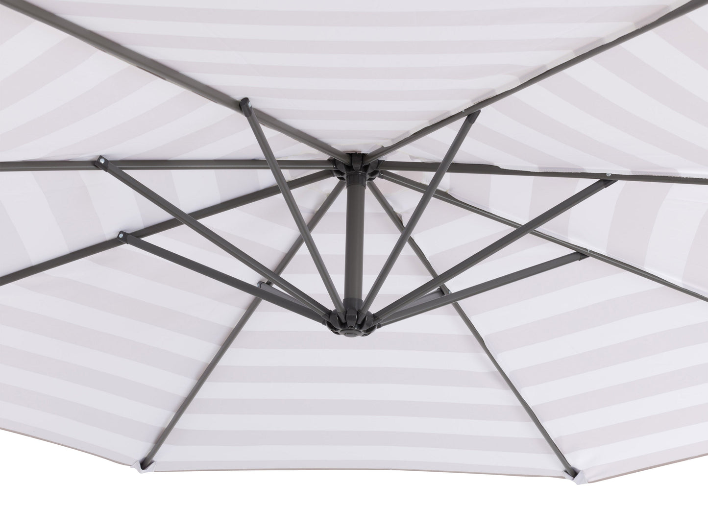 Taupe and white 10ft striped offset umbrella with adjustable canopy and sturdy metal frame.