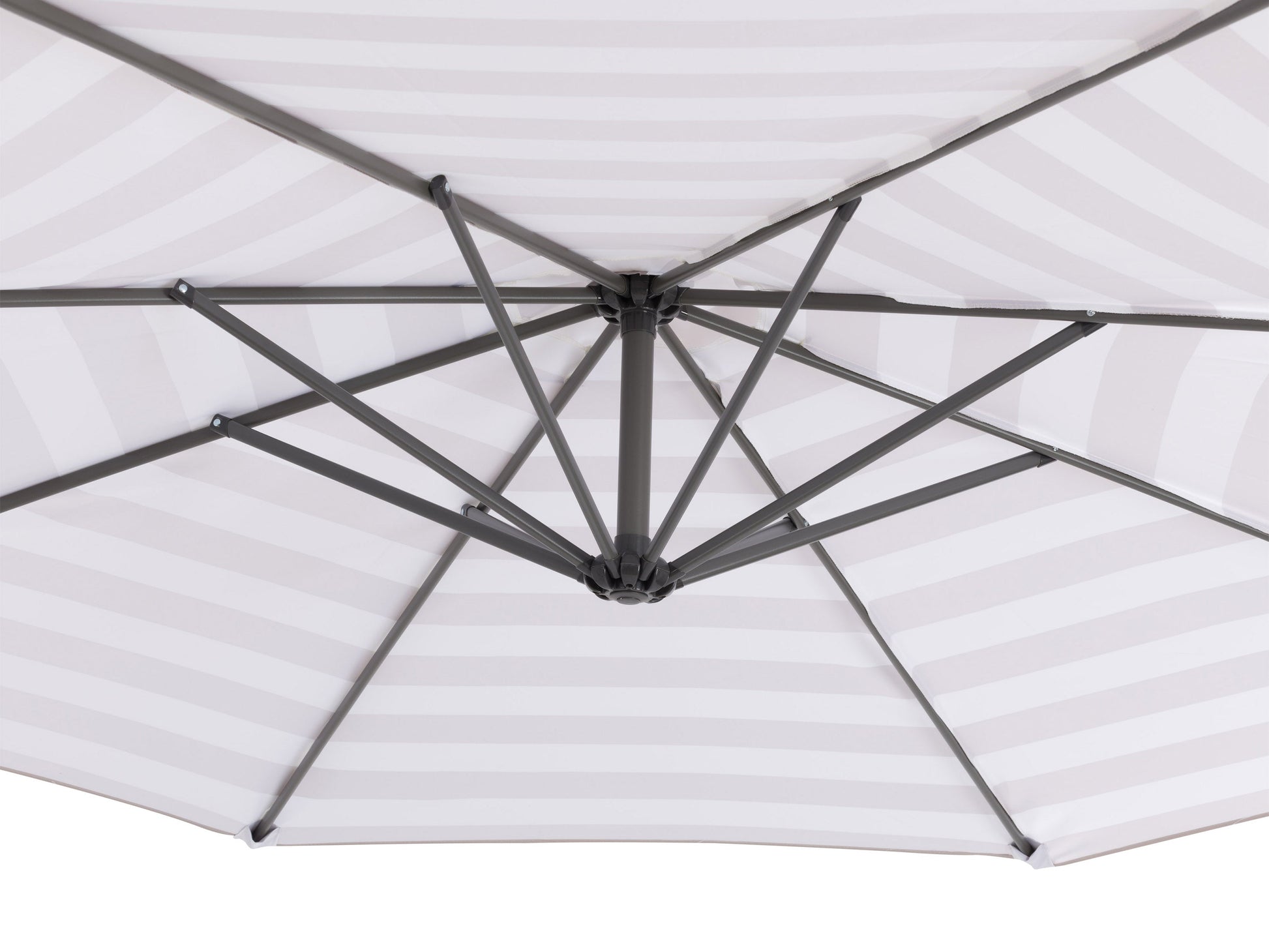 Taupe and white 10ft striped offset umbrella with adjustable canopy and sturdy metal frame.
