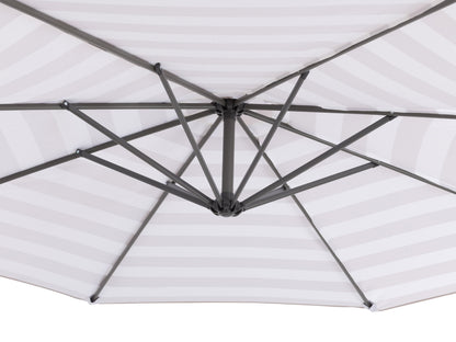 Taupe and white 10ft striped offset umbrella with adjustable canopy and sturdy metal frame.