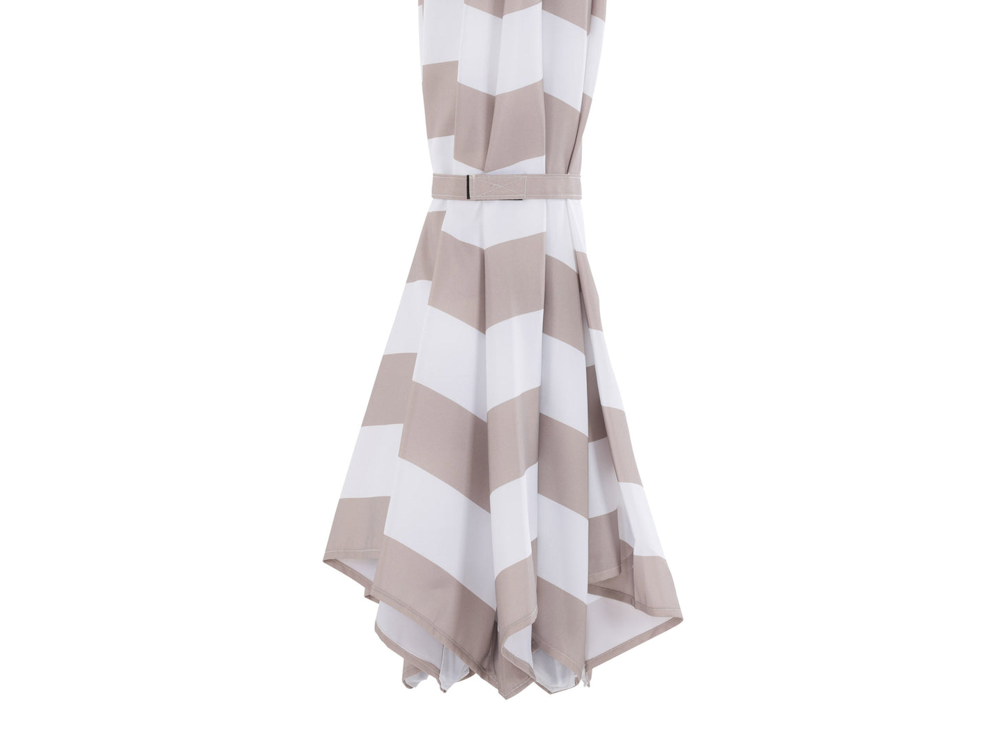 Taupe and white striped 10ft offset umbrella with crank lift and sturdy base for patio or garden.