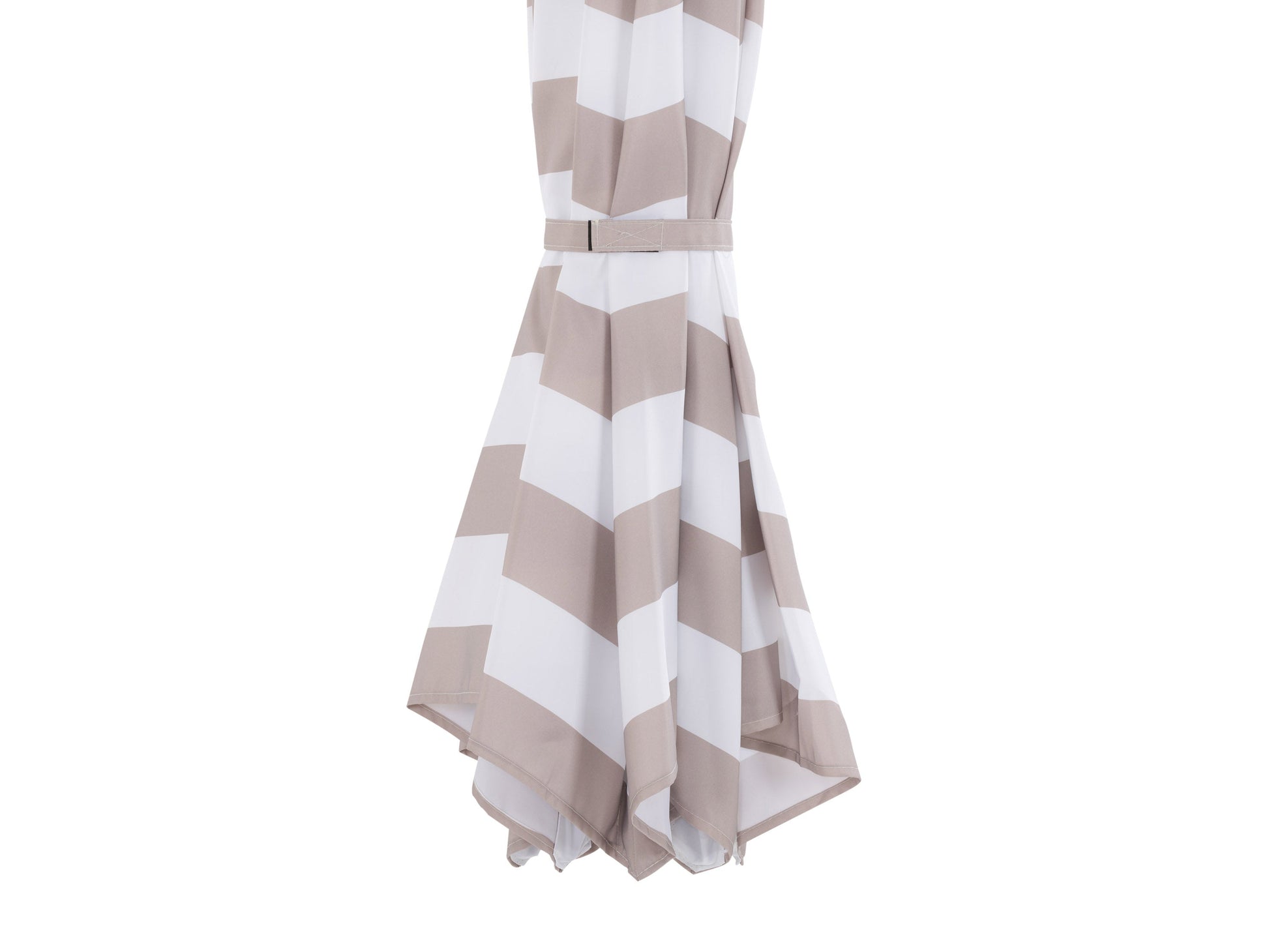 Taupe and white striped 10ft offset umbrella with crank lift and sturdy base for patio or garden.