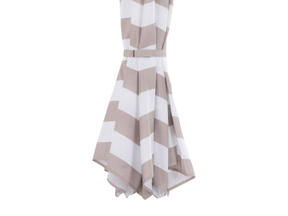 Taupe and white striped 10ft offset umbrella with crank lift and sturdy base for patio or garden.